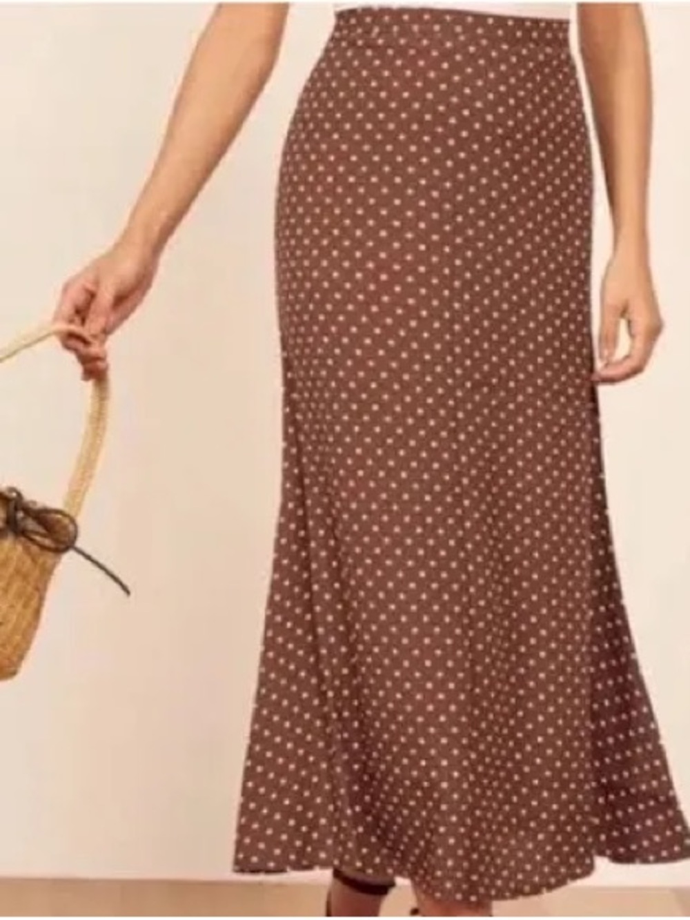 Reformation Bea Midi Skirt Brown and White Polka Dot - Picture 4 of 11
